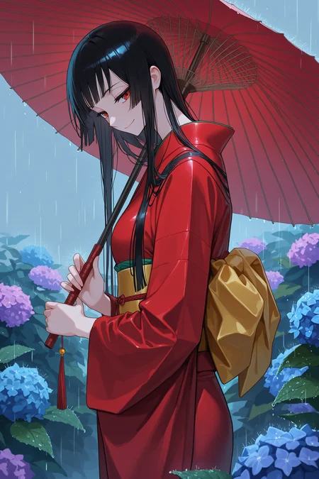masterpiece, best quality, absurdres, safe
1girl yuuko ichihara, black hair, red eyes, standing, smile, kimono, holding umbrella, from side, looking down, looking at viewer, raining, oil-paper umbrella, hydrangea
<lora:xxxholic_il_1_d16:1>