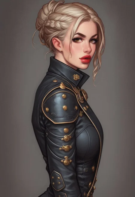 from front, (((side view))), 1girl, illustration, comic style, looking at viewer, highly detailed,
(((front view)))
In a gritty, noir-inspired urban setting bathed in the harsh glow of neon lights, K4TH3R1N3, a striking woman with platinum blonde hair cascading down her back, stands against the cold brick wall of an abandoned warehouse. Her piercing brown eyes are parted, revealing a hint of red lipstick-stained lips as she gazes directly at the viewer, challenging and intriguing in equal measure. The camera angle is low, casting her figure in sharp relief, with the dramatic shadows emphasizing the high collar of her unique outfit: a tailored trench coat made from a shimmering material that catches the light, adorned with intricate, steampunk-inspired metal accents. ((dynamic pose))
((full-clothed)),
BREAK
dynamic pose <lora:Cherry-Gig:0.55> ((((full-clothed)))),
BREAK
((dark room background))) score_9, score_8_up, score_7_up, score_6_up, source_cartoon, rating_explicit, Expressiveh, (((((upper body))))), dynamic pose