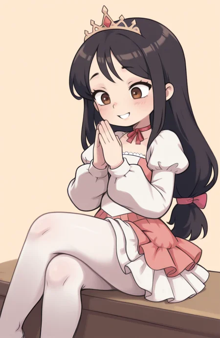 1girl, solo, <lora:qtkat:0.9> qtkat,
<lora:ffgarnet-illu-nvwls-v1_1:0.5> ffixgarnet, black hair, brown eyes, low-tied long hair, fairy tale dress, puffed sleeves, layered skirt, white pantyhose, ribbon choker, tiara, sitting, legs crossed, hands clapping, bright smile, cheerful expression, extremely detailed, highres, masterpiece, best quality