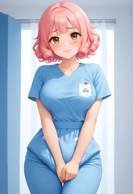 score_9, score_8_up, score_7_up, masterpiece, best quality,uncensored, 25 years old, cute, pretty girl, very kawaii, kawaii, ((young, youthful)), asian girl, japanese girl, beautiful, Expressiveh, indoors, room, ((curvy body)), thick thighs, wide hips, soft looking skin, thin eyebrows, girly, feminine, ((round face)), ((peach pink hair)), fringe bangs, slightly curly hair, short hair, adult, ((large breasts)),brown eyes, brown eyebrows, curvy girl, very kawaii, scrubs, medical scrubs, round breasts, standing, long eyelashes, egirl makeup, egirl, egirlthot, noseblush, very pale skin, pink lips. shy, timid, averted eyes, thin arms, narrow shoulders, petite, hud_scrbs, short sleeves, shirt, pants, pocket, smile, full diaper under pants, grabbing own crotch, squeezing own crotch, disgust, heavy diaper