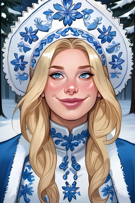 score_9,score_8_up,epiCPhoto,
light smile,upper body,
<lora:snegurochka-05:0.8>,snegurochka,1girl,kokoshnik_headdress,long blue coat,turtleneck dress,white fur trim,spruce forest,snow,rich embroidery on clothes,<lora:Lilandava_PDXL:0.25>,lilandavastyle,<lora:g0th1cPXL:0.25>,g0th1cpxl,<lora:officialpit_v2-8:0.5>,<lora:Brianna:1>,brianna,closed mouth,1girl,blue eyes,eyeshadows,,,blonde hair,