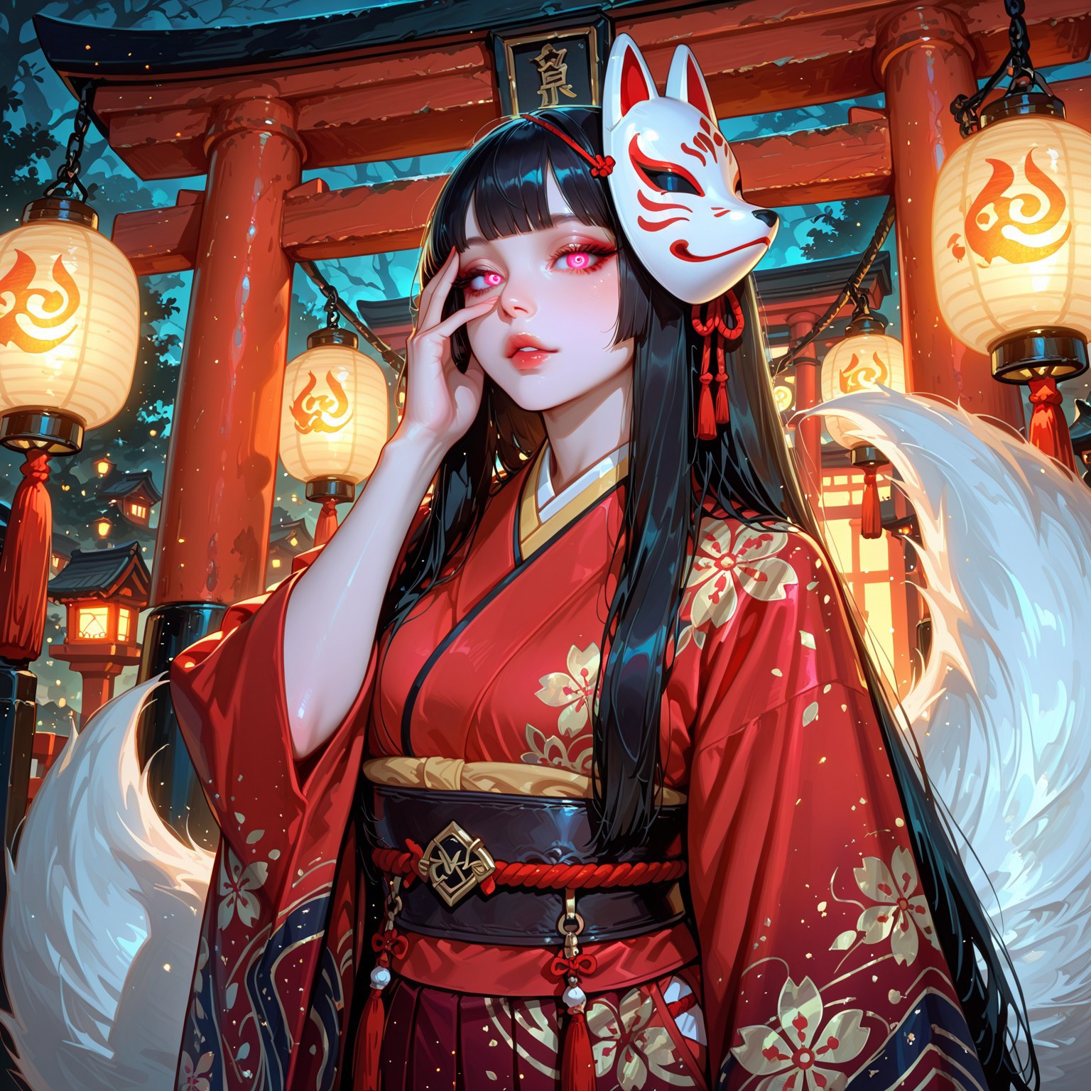 Smooth Quality, a fantasy character in a dramatic pose. The character is a woman with pale skin and long black hair, styled with bangs. She is wearing a vibrant red kimono with intricate patterns, and her lips are painted a striking red. She holds a fox mask partially covering her face, adding an air of mystery. Behind her, large white fox tails are visible, suggesting a mythical or supernatural theme. The background is a misty, atmospheric setting with a traditional Japanese torii gate and a glowing lantern, enhancing the mystical ambiance. Her eye glows with a yellow light.