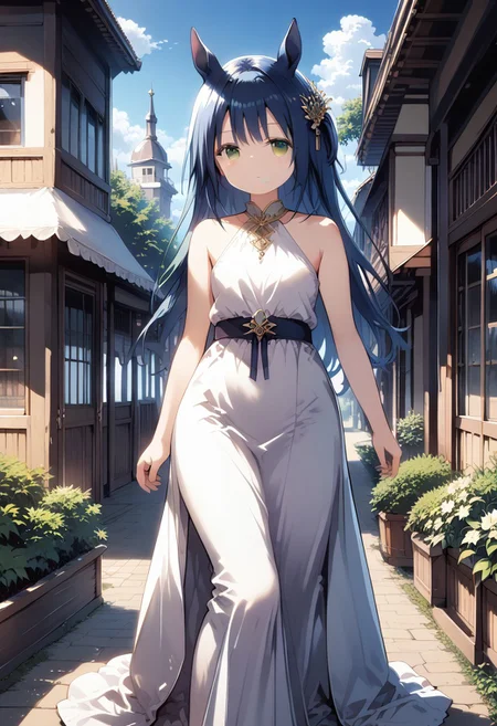 score_9, score_8_up, score_7_up, 1girl,FujisakaLP,high definition eyes, (masterpiece), (best quality), (ultra detailed),(disheveled hair),(illustration), (best shadow), detail1eye, wide thighs, wide hips, (detailedlight),((anextremelydelicateandbeautiful)),<lora:GodolphinArabian:0.7>,GodolphinArabian,long hair,blue hair,green eyes,horse ears,horse girl,hair_ornament,white dress, bare shoulders, ,sleeveless,evening dress,long dress,outdoors, light,blue sky, horizon, meadow, wild