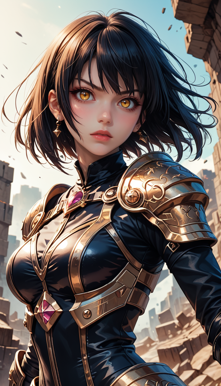 score_9, score_8_up, score_7_up, Portrait, girl, spacepunk knightgirl with a stern look, holding a weapon, jumping, character design inspired by Yoji Shinkawa and Tsutomu Nihei, black|yellow, battle-worn armored and elegant, rubble background, 4n1v3rs3, depth of field, dynamic angle, fashion photography, sharp, hyperdetailed:1.15