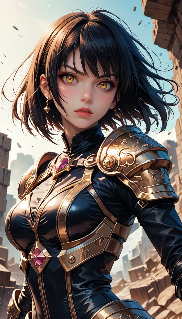 score_9, score_8_up, score_7_up, Portrait, girl, spacepunk knightgirl with a stern look, holding a weapon, jumping, character design inspired by Yoji Shinkawa and Tsutomu Nihei, black|yellow, battle-worn armored and elegant, rubble background, 4n1v3rs3, depth of field, dynamic angle, fashion photography, sharp, hyperdetailed:1.15