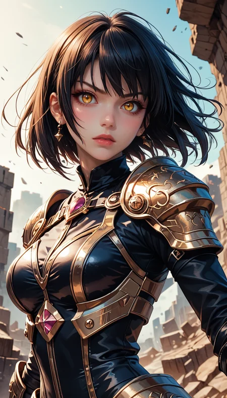 score_9, score_8_up, score_7_up, Portrait, girl, spacepunk knightgirl with a stern look, holding a weapon, jumping, character design inspired by Yoji Shinkawa and Tsutomu Nihei, black|yellow, battle-worn armored and elegant, rubble background, 4n1v3rs3, depth of field, dynamic angle, fashion photography, sharp, hyperdetailed:1.15