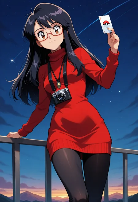 pokemon \(classic anime\), screencap \(anime\), retro artstyle, 
best quality, masterpiece, amazing quality, very aesthetic, absurdres, 
1girl, solo, 
reikagami, 
black hair, long hair, brown eyes, small breasts, 
reioutfit, 
red turtleneck sweater dress, black leggings, red semi-rimless eyewear, 
camera around neck, 
card \(object\), 
looking at viewer, 
sky, stars