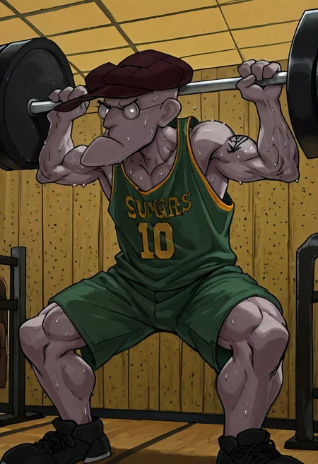 Masterpiece, absurdres, best quality, 1boy, solo, Eustace, Bagge, basketball jersey, shorts, hat, glasses, grumpy expression, extremely muscular, bodybuilder physique, sweating, strained expression, arm tattoos, anchor tattoo, bulging biceps, bench press, lifting barbell in a gym, detailed background, gym setting, gym background,