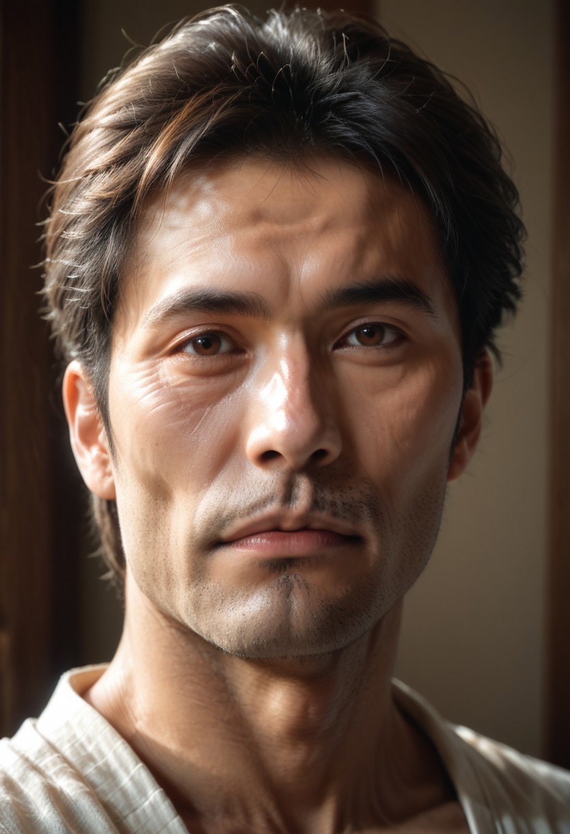 score_9, score_8_up, score_7_up, score_6_up, 1boy, mature, asian, samurai, focus on face, brown eyes, wrinkles, shadows, gritty, detailed