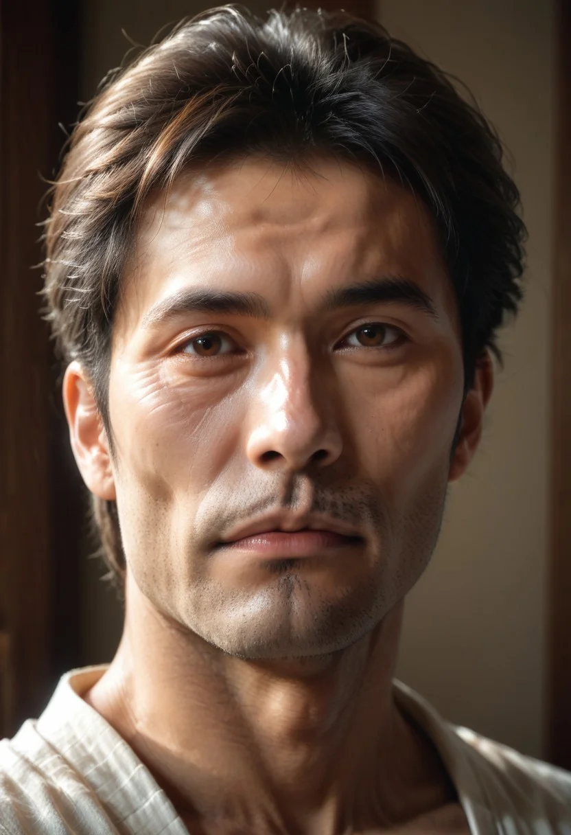 score_9, score_8_up, score_7_up, score_6_up, 1boy, mature, asian, samurai, focus on face, brown eyes, wrinkles, shadows, gritty, detailed