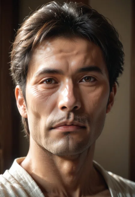 score_9, score_8_up, score_7_up, score_6_up, 1boy, mature, asian, samurai, focus on face, brown eyes, wrinkles, shadows, gritty, detailed