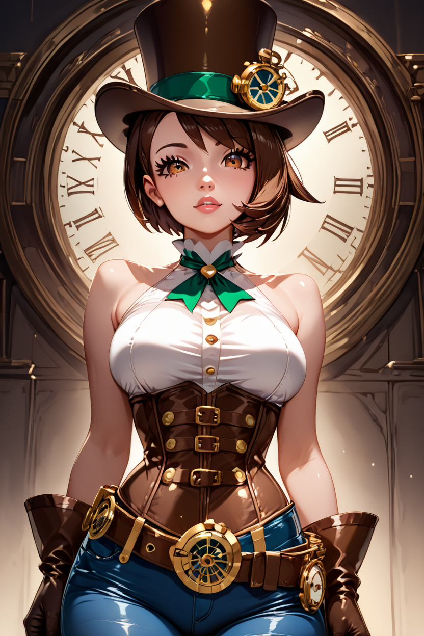 score_9, score_8_up, score_8, medium breasts, (curvy), cute, eyelashes,       ,,, ,  zzGloriaSPCitron, brown eyes, brown hair, short hair, top hat, steampunk, clock on belt, corset, bare shoulders, big gloves, tight blue jeans, white halterneck, green ribbon,   <lora:GloriaSteampunkPDXL:1>, , BREAK,  (ultra realistic,32k, masterpiece:1.2),(high detailed skin:1.1),( high quality:1.1), head tilt, lips, closed mouth, shiny clothes, (upper body), looking at viewer, bokeh, luminescent background, ,,, embedding:zPDXL, Expressiveh, ,,, <lora:RlAnmPDXL:1.0>,