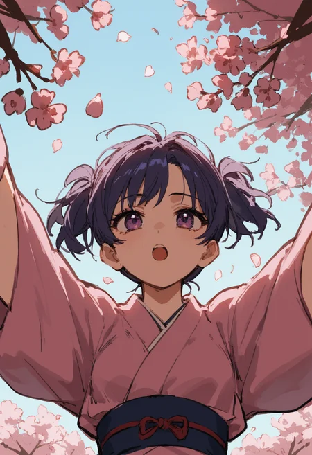score_9, score_8_up, score_7_up, source_anime, 1girl, short twintails, purple eyes, looking up, falling petals, reaching towards viewer, cherry blossoms, pink kimono, light rays, <lora:EisuEithStyle:1> rough sketch, EisuEithStyle, sketch , digital art