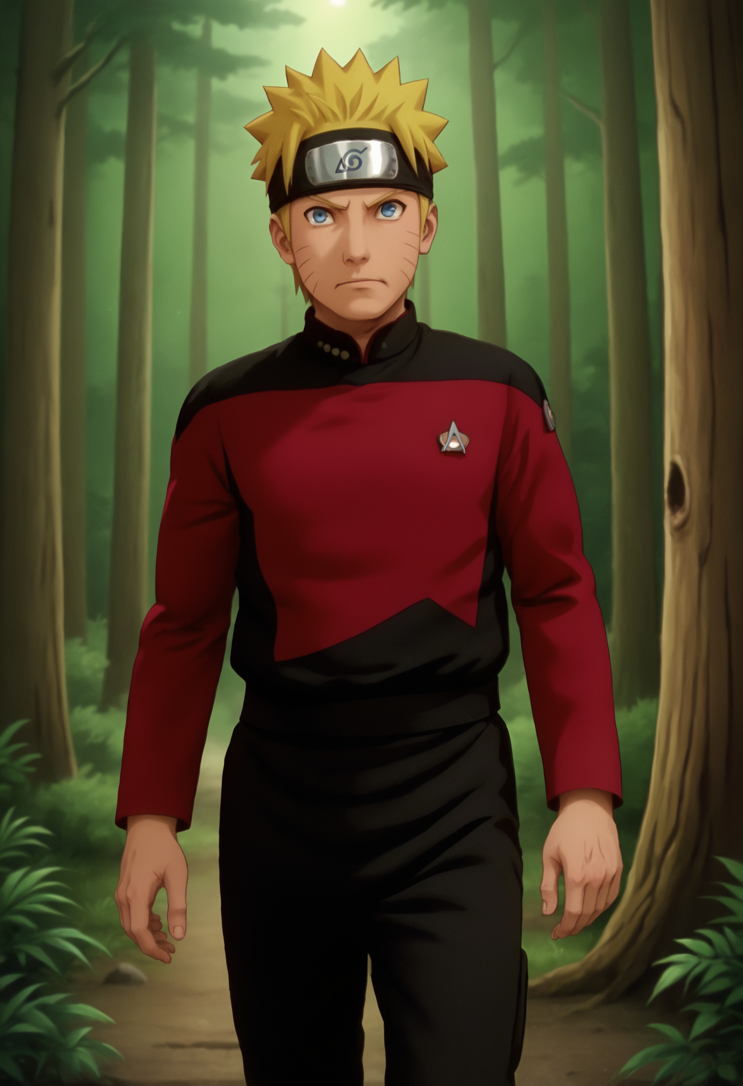 score_7_up,solo,<lora:Naruto:0.6>, source_anime, naruto uzumaki, 1boy, blonde hair, short hair, spiked hair, blue eyes, whisker markings,forest,forhead protector, konohagakure symbol,full body
s3stngunf,red uniform,star trek badge
,<lora:STTNGponyStrong>