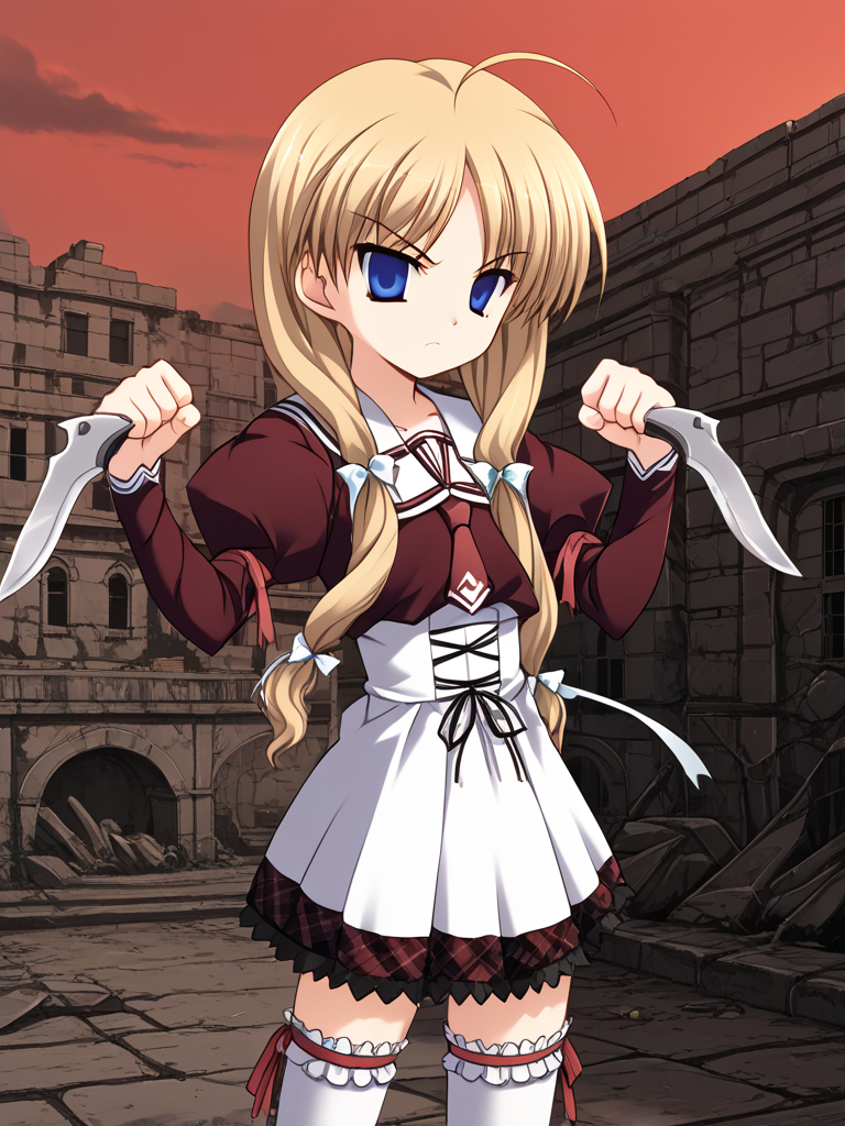 1girl, solo, yukiponeleeyes, blonde hair, long hair, low twintails, low-tied long hair, hair ribbon, ahoge, blue eyes, kouryoukan_academy_school_uniform, frilled thighhighs, standing, cowboy shot, serious, empty eyes, fighting stance, dynamic pose, holding, weapon, knife, (dual wield:1.2), reverse grip, outdoors, city, ruins, red sky