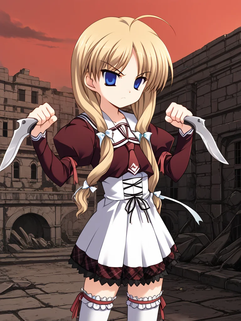 1girl, solo, yukiponeleeyes, blonde hair, long hair, low twintails, low-tied long hair, hair ribbon, ahoge, blue eyes, kouryoukan_academy_school_uniform, frilled thighhighs, standing, cowboy shot, serious, empty eyes, fighting stance, dynamic pose, holding, weapon, knife, (dual wield:1.2), reverse grip, outdoors, city, ruins, red sky