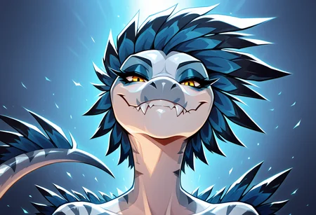 best quality, dramatic lighting, highly detailed, absurdres, masterpiece, (facing viewer, portrait:1.5), closed mouth, seikret1, raptor girl, feral, no humans, blue feathers, tail, yellow eyes, sharp teeth, sharp claws, blue eyeshadow <lora:seikret1illu:1>