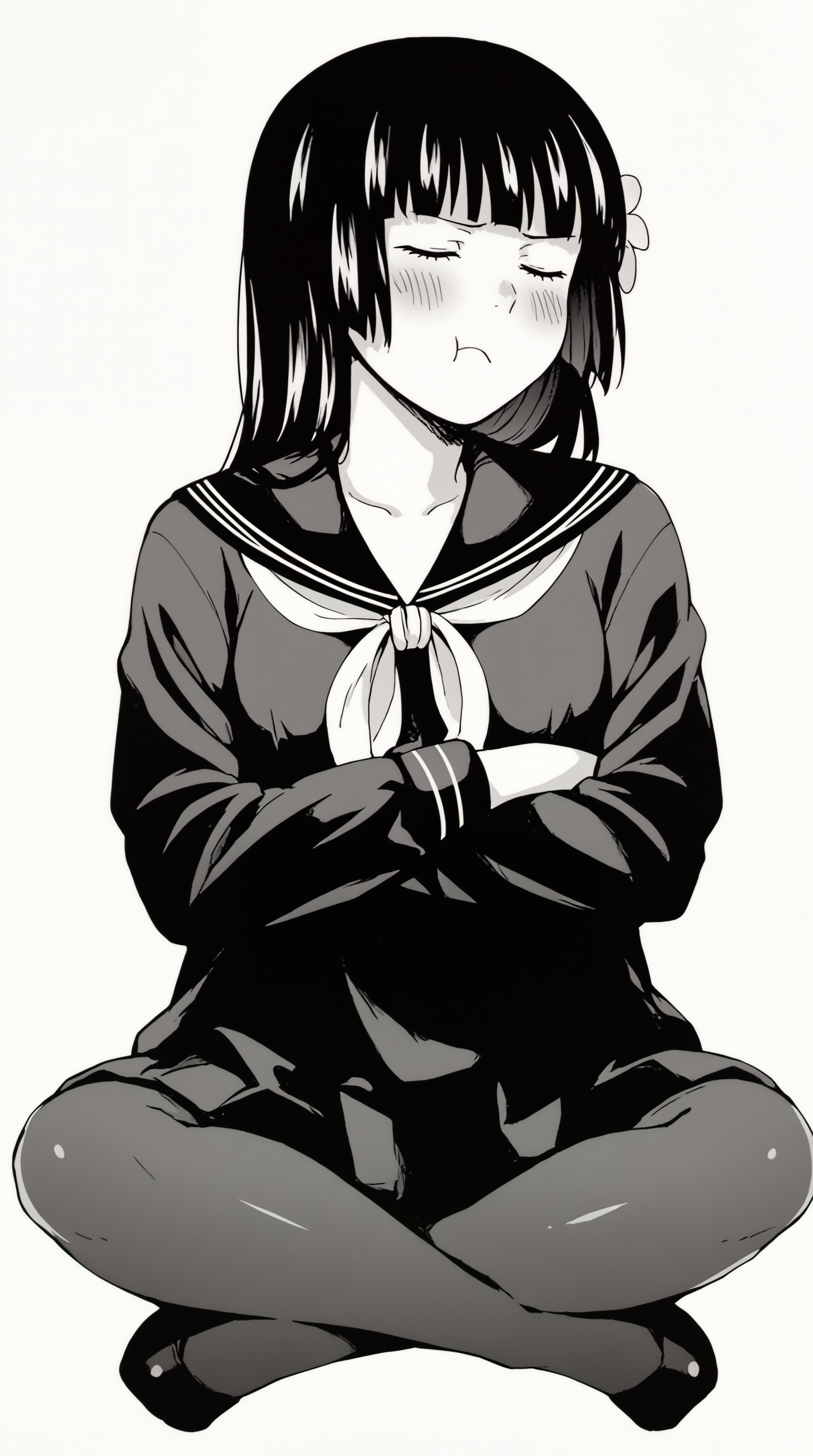 score_9, score_8_up, score_7_up, best background, detailed background, 4k, upscale, greyscale, monochrome,  Shirogane Yuriko, Main Outfit, solo, blush, closed mouth, closed eyes, crossed arms, :t, pout, full body,  <lora:JN_Shirogane_Yuriko_Pony:0.8>