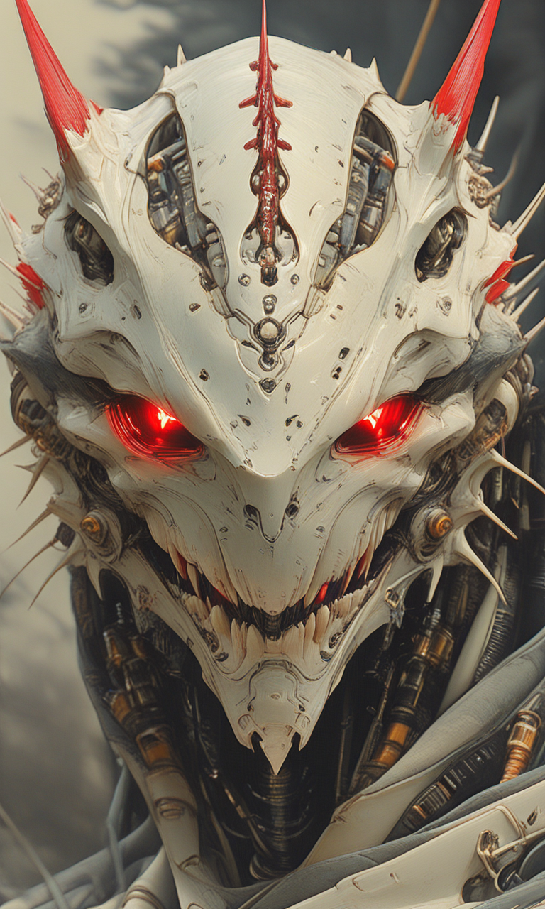 The image is a sharp digital artwork that appears to be a concept art piece. It showcases a detailed robotic or cybernetic head with glowing red eyes sharp teeth and intricate mechanical components. The background is blurred emphasizing the character and the medium appears to resemble digital painting or digital illustration.. <lora:- iLL - the_edgy_mech_V3.0:.8>    <lora:HyperdetailedIllustrationIll:0.8> <lora:HyperdetailedColoredPencilIl:0.8>  <lora:DelicateWhimsyIllustrious:0.8>