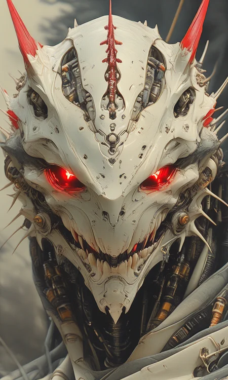 The image is a sharp digital artwork that appears to be a concept art piece. It showcases a detailed robotic or cybernetic head with glowing red eyes sharp teeth and intricate mechanical components. The background is blurred emphasizing the character and the medium appears to resemble digital painting or digital illustration.. <lora:- iLL - the_edgy_mech_V3.0:.8> <lora:HyperdetailedIllustrationIll:0.8> <lora:HyperdetailedColoredPencilIl:0.8> <lora:DelicateWhimsyIllustrious:0.8>