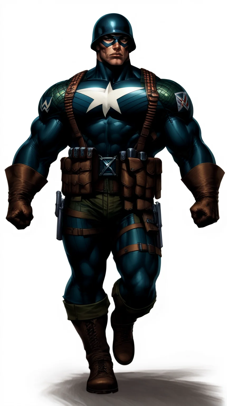 score_9, score_8_up, score_7_up, a man with a strong jaw in a tactical navy blue (muscled superhero costume with green armored highlights:1.2), (m1 helmet:1.4), (superhero domino mask:1.2), leather gloves, laced combat boots, bullet bandolier across his chest, (eagle crest on chest:1.2), gunslinger belt, huge biceps, (white background:1.2), character design, concept art, detailed face, high Detail, Sharp focus, dramatic pose, (full body shot:1.2), (solo:1.2), <lora:ArtgermLycoXL:0.5> <lora:c0rb3nXLP:0.5> c0rb3n <lora:detailed_hands:1> hands, <lora:ComicsPonyXL_V2:0.7> Comistyle <lora:WW2_Superhero_Costume-000019:1>