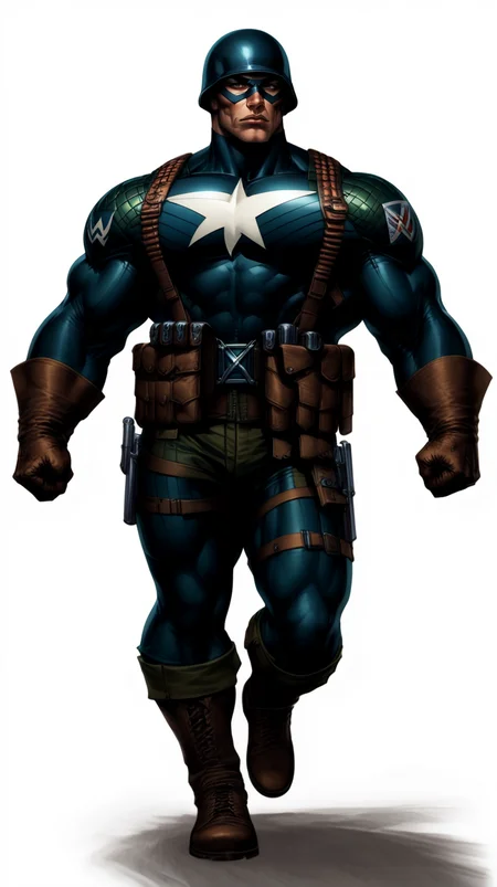 score_9, score_8_up, score_7_up, a man with a strong jaw in a tactical navy blue (muscled superhero costume with green armored highlights:1.2), (m1 helmet:1.4), (superhero domino mask:1.2), leather gloves, laced combat boots, bullet bandolier across his chest, (eagle crest on chest:1.2), gunslinger belt, huge biceps, (white background:1.2), character design, concept art, detailed face, high Detail, Sharp focus, dramatic pose, (full body shot:1.2), (solo:1.2), <lora:ArtgermLycoXL:0.5> <lora:c0rb3nXLP:0.5> c0rb3n <lora:detailed_hands:1> hands, <lora:ComicsPonyXL_V2:0.7> Comistyle <lora:WW2_Superhero_Costume-000019:1>