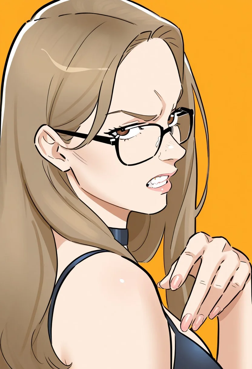 masterpiece, very aesthetic,8k, best quality,((safeingg)), pointing down, finger nails , side profile, simple orange background,
masterpiece, very aesthetic,8k, best quality,safeingg, cute , 25 years , 1girl, glasses, solo, ((looking at side)), brown hair, long hair, teeth, brown eyes, choker, meme, jewelry, angry expression , impressionism, high detail, depth of field, looking at viewer,high detail, depth of field, posing
