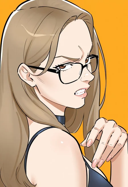 masterpiece, very aesthetic,8k, best quality,((safeingg)),  pointing down, finger nails , side profile, simple orange background, 
masterpiece, very aesthetic,8k, best quality,safeingg, cute , 25 years , 1girl, glasses, solo, ((looking at side)), brown hair, long hair, teeth, brown eyes, choker, meme, jewelry, angry expression , impressionism, high detail, depth of field, looking at viewer,high detail, depth of field, posing