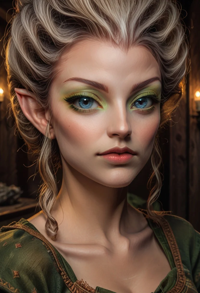 score_9, score_8_up, score_7_up, rating_safe, concept art, semi-realistic, 1girl, solo.
Elf, Elf face, Elf eyes, Young beautiful face, fit body, Blue eyes. Rococo, Rococo lips, Green Eyeshadow.
(Big breast), (Round breast).