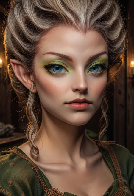 score_9, score_8_up, score_7_up, rating_safe, concept art, semi-realistic, 1girl, solo.
Elf, Elf face, Elf eyes, Young beautiful face, fit body, Blue eyes. Rococo, Rococo lips, Green Eyeshadow.
(Big breast), (Round breast).