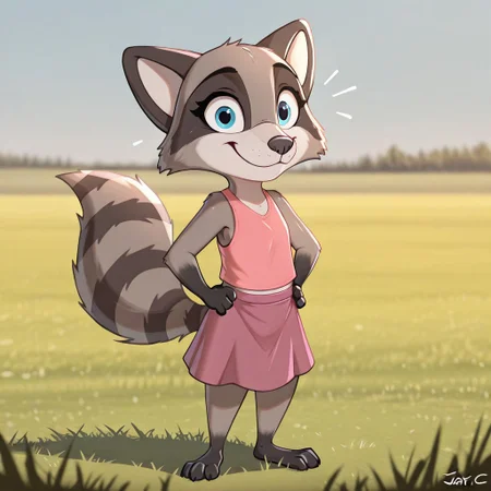 Jae(C), solo, 1girl, anthro, female furry, raccoon, gray and black fur, blue eyes, raccoon tail, black hands, black feet, shortstack, full body, looking at viewer, flat chested, standing, pink top, dark pink skirt, sleeveless, smiling, excited look, grass field background, sunny, hands on hips,