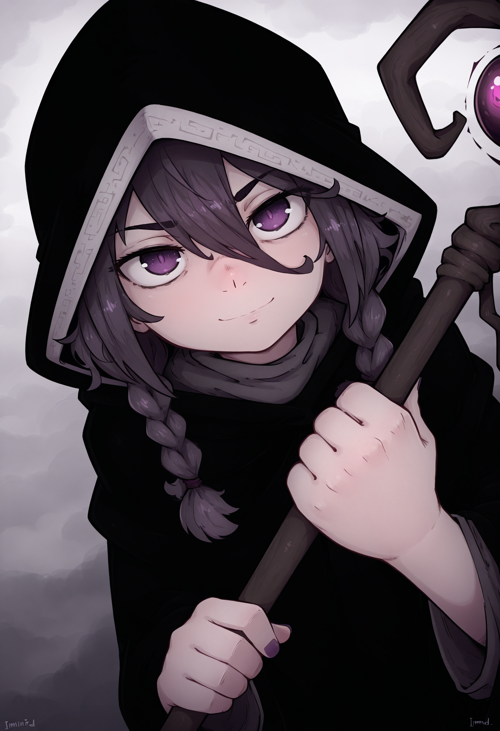 styleimerald, masterpiece, best quality, amazing quality, very aesthetic, high resolution, very awa,
1girl, face focus, twin braids, dutch angle,  light smile,  fog, holding mage staff, hood up, cloak, hand focus, dynamic pose, purple nails, hair between eyes,  <lora:imerald_style_ill_v1:0.9>