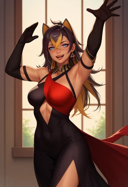 score_9, score_8_up, score_7_up, score_6_up, 1girl, solo, long dress, two-toned dress, red dress, black dress, dynamic pose, dancing, happy, motion, reaching for viewer, black elbow gloves, red lipstick, upper body,
<lora:Krys_Decker_-_Artist_style_Newer__characters:0.8> ss-krd_new, <lora:Dehya_Genshin_Impact:0.6> dehya-dh, dark skin, animal ears, multicolored hair, blue eyes, streaked hair, hair between eyes