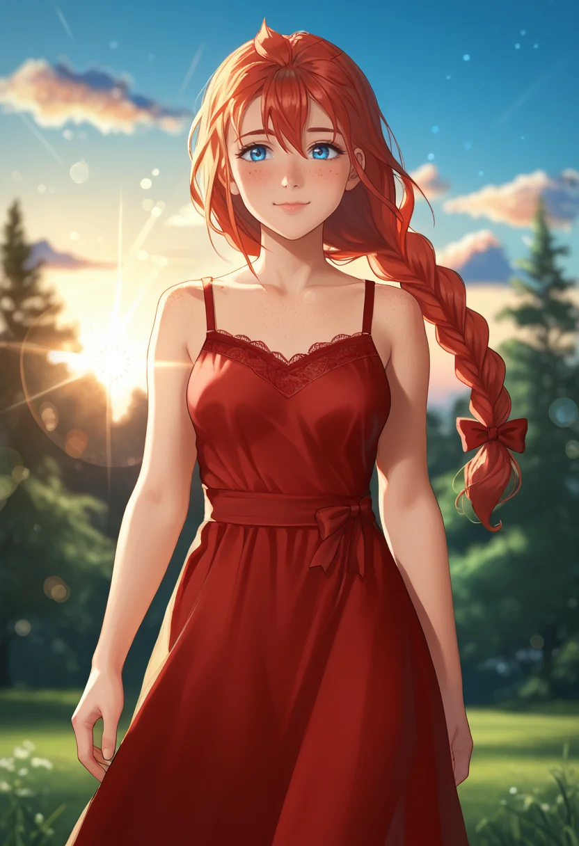 score_9, score_8_up, score_7_up,
best quality, masterpiece, ultra detailed,
22 years old, 170 cm height,
<lora:Expressive_H:1>, blush, closed mouth, light smile,
bokeh, blur, blurry background
looking at viewer, dynamic pose,
<lora:Everlasting_Summer_Ulyana_adult_verion_by_GraffMetal_V1:1>, ulyana, braid, red hair, blue eyes, dark skin, face freckles, medium breasts, body freckles, bangs, hair between eyes, straight hair, solo,
red lace bow dress,
detailed image, high quality detailed, UHD, beautiful art UHD, bokeh, DSLR, soft lighting, high quality, film grain, Fujifilm XT, fine-tuned details, style of Jovana Rikalo,
amazing background, outdoors, nature, sunset, cozy, star, stars, cloud, clouds, sky, wind,
<lora:Everlasting_Summer_Vanilla_Art_Style_by_GraffMetal:0.7>,
<lora:Everlasting_Summer_Vanilla_Backgrounds_by_GraffMetal:0.7>,