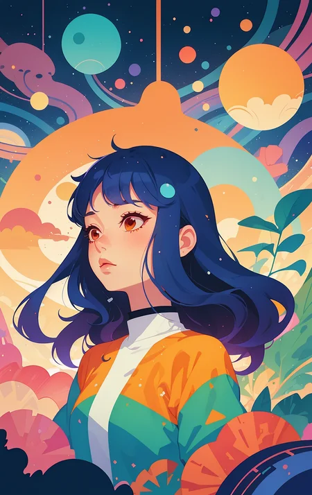 shadow flat vector art <lora:ultimaFlat:1>, a Surreal shot of 1woman of 35yo (Noel Sedillo Curiel:1.3), Shaved Sides with Long Layers hair, Forest Twinkling Stars, <lora:Cosmic anime-oil fusion v2:1>