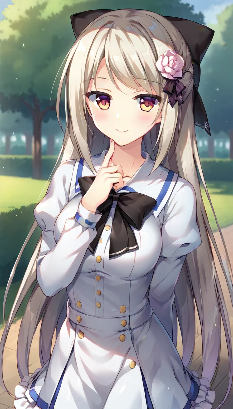 score_9,score_8_up,score_7_up,score_6_up BREAK official art,solo,outdoors,upper body,(portrait:1.5),looking at viewer,facing viewer,smile,blush,Enamori Senri,very long hair,silver hair,hair bow,hair flower,hair ornament,side swept bangs,sidelocks,brown eyes,school uniform,long sleeves,white shirt,puffy sleeves,black bow,black ribbon,medium breasts,white skirt,frilled skirt,zettai ryouiki,black thighhighs,black footwear,mary janes,<lora:Enamori Senri(pa)-Pony:1.2>,