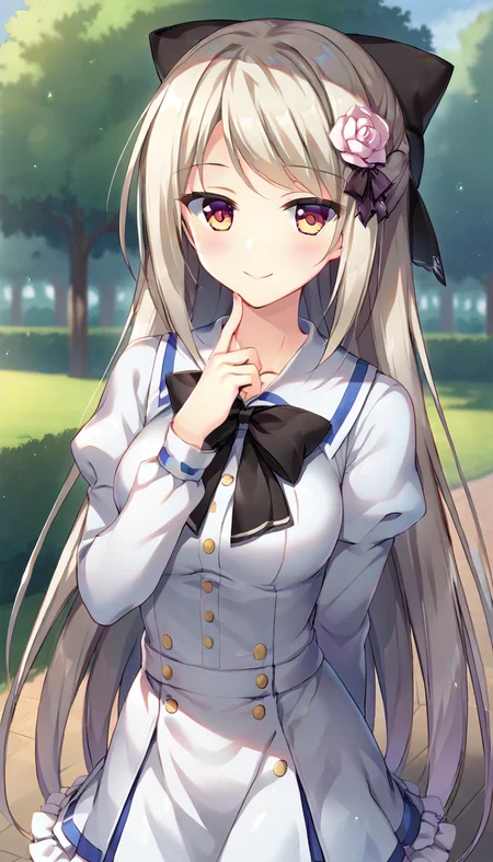 score_9,score_8_up,score_7_up,score_6_up BREAK official art,solo,outdoors,upper body,(portrait:1.5),looking at viewer,facing viewer,smile,blush,Enamori Senri,very long hair,silver hair,hair bow,hair flower,hair ornament,side swept bangs,sidelocks,brown eyes,school uniform,long sleeves,white shirt,puffy sleeves,black bow,black ribbon,medium breasts,white skirt,frilled skirt,zettai ryouiki,black thighhighs,black footwear,mary janes,<lora:Enamori Senri(pa)-Pony:1.2>,