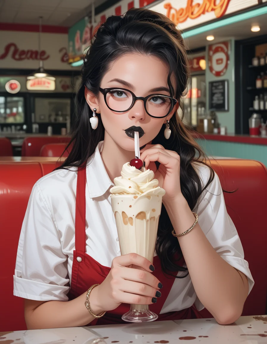 score_9, score_8_up, score_7_up, score_6_up, score_5_up, score_4_up, hud_v1ntagedr1nk, 1girl, solo, black lipstick,head tilt, glasses, earrings, black hair, drinking, shirt, bracelet, holding cup, whipped cream, cherry, <lora:hud_v1ntagedr1nk_XLP2:0.7>, diner