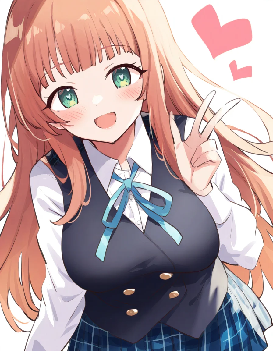 1girl,solo,long hair,green eyes,white background,smile,simple background,ribbon,shirt,heart,looking at viewer,skirt,blush,blue ribbon,v,white shirt,vest,open mouth,neck ribbon,long sleeves,plaid skirt,plaid,school uniform,breasts,:d,brown hair,black vest,orange hair,collared shirt,very long hair,blunt bangs,blue skirt,pleated skirt,hand up,large breasts,medium breasts,, <lora:ruiruika>, masterpiece, best quality, very aesthetic, absurdres,newest, incredibly absurdres,