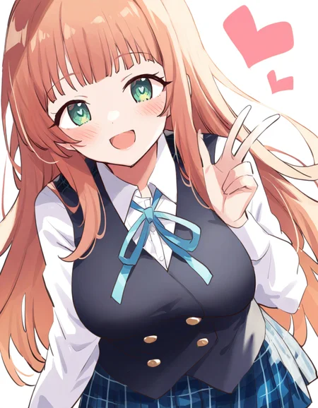 1girl,solo,long hair,green eyes,white background,smile,simple background,ribbon,shirt,heart,looking at viewer,skirt,blush,blue ribbon,v,white shirt,vest,open mouth,neck ribbon,long sleeves,plaid skirt,plaid,school uniform,breasts,:d,brown hair,black vest,orange hair,collared shirt,very long hair,blunt bangs,blue skirt,pleated skirt,hand up,large breasts,medium breasts,, <lora:ruiruika>, masterpiece, best quality, very aesthetic, absurdres,newest, incredibly absurdres,