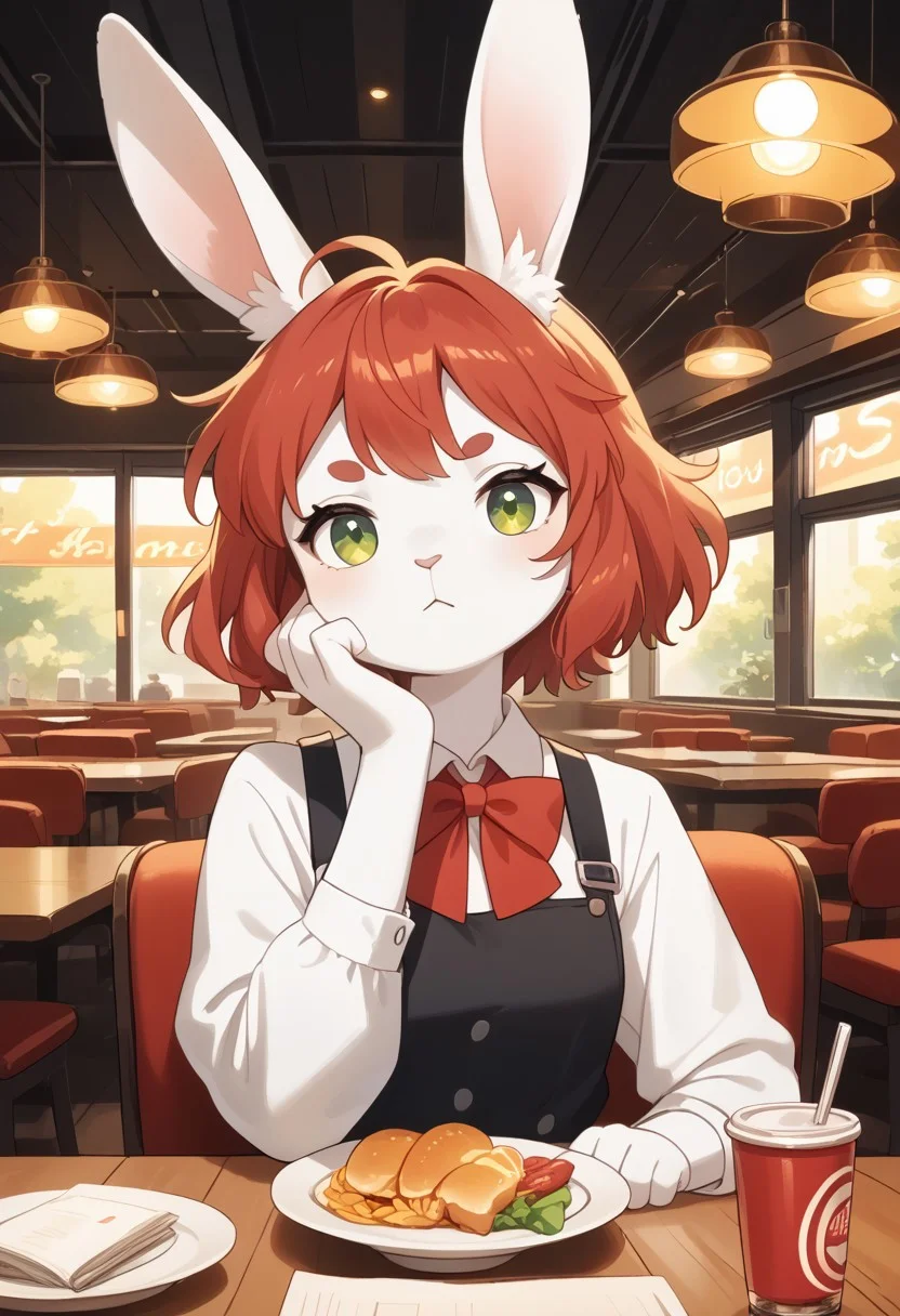 score_9, score_8_up, score_8,
rabbit woman,furry,red hair,white rabbit ear,solo,add detailed eyes,green eyes,dressed,restaurant,StudioColorido,
