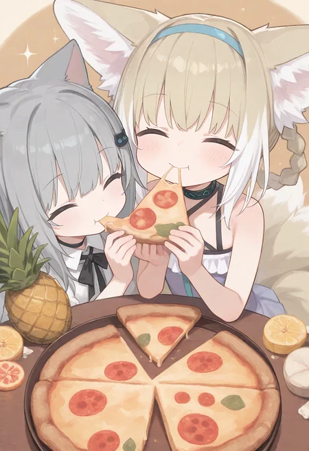 2girls, suzuran (arknights),smile, happy, ^_^, nachoneko, +_+, sparkling eyes, (pineapple slice, pineapple on pizza:1.7), (eating pineapple pizza:1.4), (hawaiian pizza:1.3),
(zankuro:0.2), wagashi \(dagashiya\), chen bin, very awa, very aesthetic, masterpiece, best quality, amazing quality, absurdres <lora:ponyv6_noobV1_2_adamW:0.5> <lora:n_XLNBVP1lokrV6311P:0.2> <lora:748cmXLNBVP1lokrV6311PZ:0.2> <lora:ricotte2:0.2>