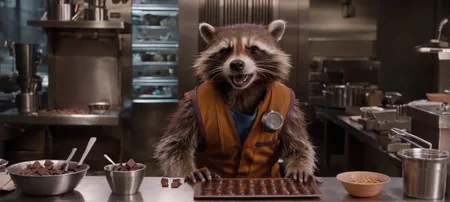 A cinematic film still of a
film still of Rocket Racoon working as a chocolatier in the new Avengers movie,