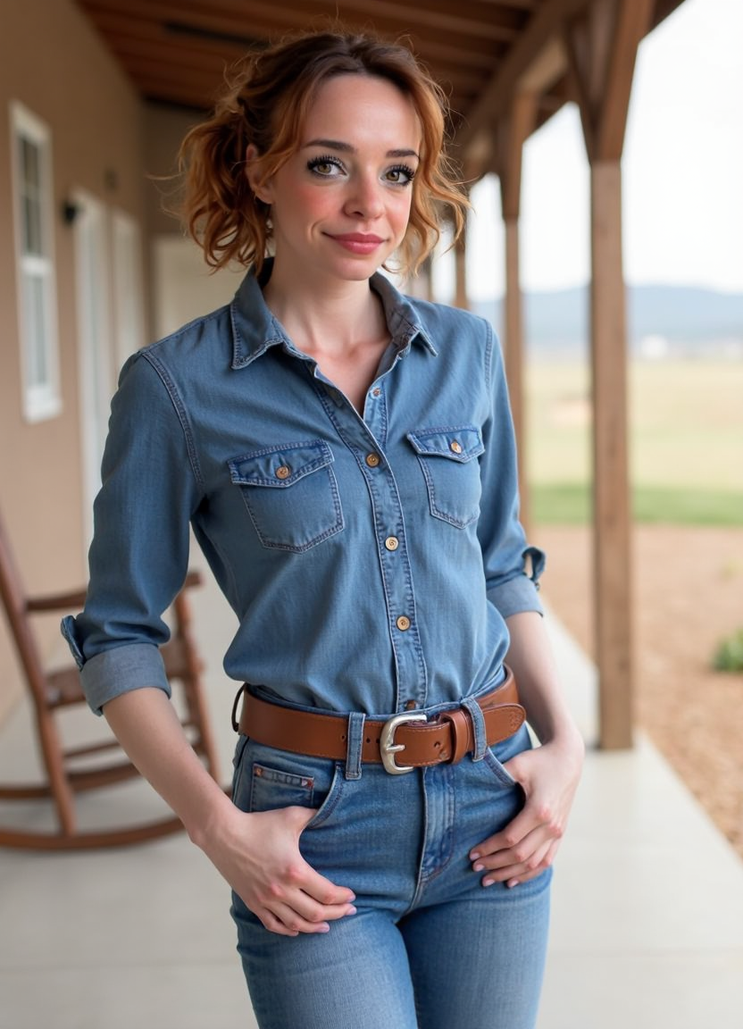 SFW, brightly lit, aidmaimageupgrader, A confident woman posing for a picture on the porch of a ranch, dressed in a stylish yet modest denim outfit. She wears a well-fitted denim button-up shirt with sleeves rolled to her elbows, paired with classic high-waisted denim jeans that complement her figure while maintaining a professional and polished look. A brown leather belt adds a touch of Western charm, and her outfit is completed with sturdy yet stylish cowboy boots.  Her hair flows naturally in soft waves, or is neatly tied back in a low ponytail, giving her a relaxed yet put-together appearance. The setting captures the warmth of the ranch atmosphere, with wooden beams, a rustic rocking chair, and an open landscape in the background. She stands with confidence, gazing into the distance or offering a soft, approachable smile, embodying both strength and elegance in a timeless country-inspired style<lora:turbo-8-step-flux.safetensors:0.0:0.0> <lora:flux\custom\personal\emmy-speens.safetensors:1.0:1.0> <lora:turbo-8-step-flux.safetensors:0.5:0.5> <lora:flux\style\Common\aidmaImageUprader-FLUX-v0.3.safetensors:0.25:0.25>