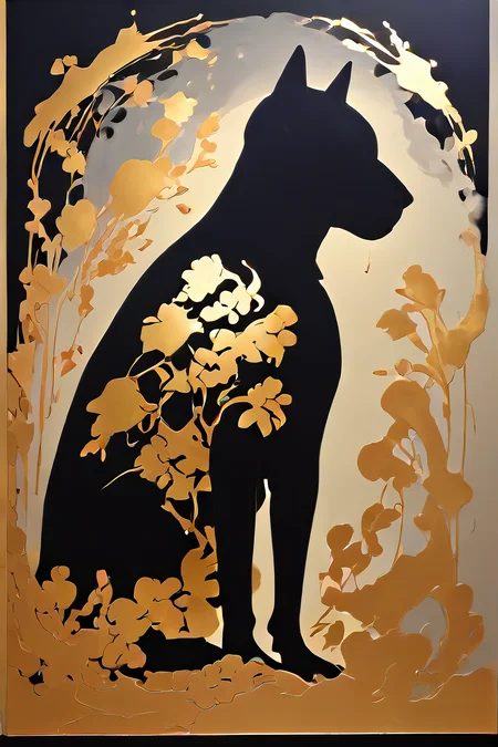 score_9,score_8_up,<lora:Turbo_XL:1>,<lora:Silhouette_with_Gold_Foil-05:1>,silhouette_with_gold_foil,abstract,silhouette of dog