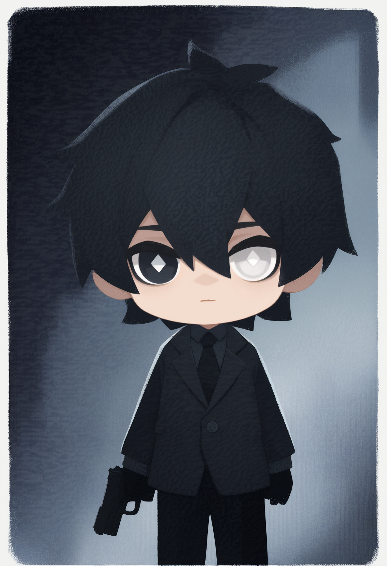 onmyojistyle, chibi, masterpiece, best quality, <break> white border, solo, male focus, 1boy, expressionless, looking at viewer, holding gun, handgun, arms at sides, short hair, black hair, hair between eyes, heterochromia, black eyes, white eyes, diamond-shaped pupils, black suit, black jacket, long sleeves, black shirt, collared shirt, black necktie, black gloves, black pants, dark background, abstract background
<segment:yolo-Anzhc Face seg 640 v2 y8n.pt,0.4,0.5//cid=1>
