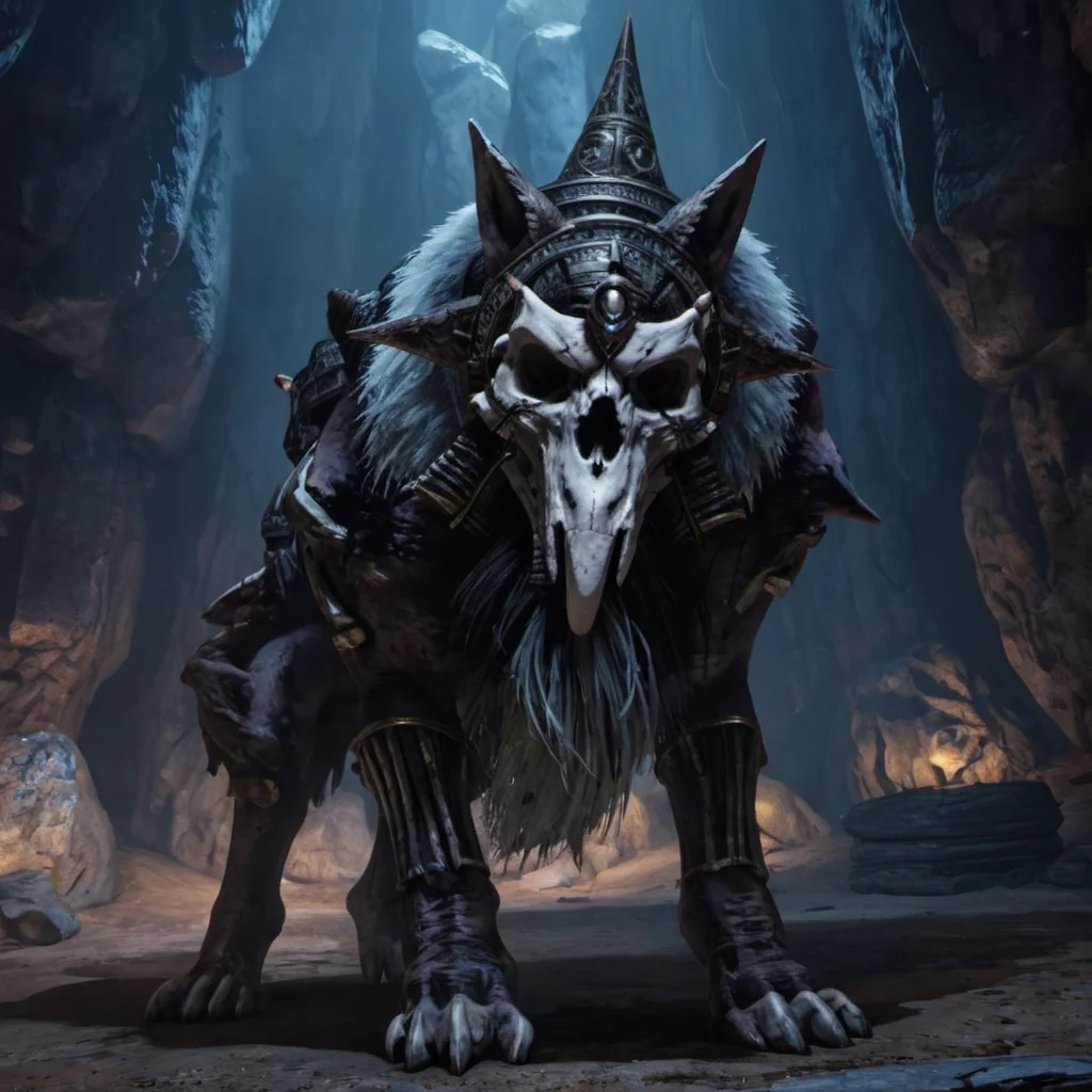 giant skull wolf in a cave,cinematic,50nm dof,bokeh,realistic,sharp focus,ultra detailed,128k uhd,awardwinning,trending on artstation, <lora:Colossus-000004:0.75>