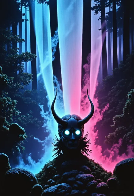 Satyr ArsMovieStill, movie still from a 1970s horror movie Studio Ghibli Dark Fairytale depicting a cursed hannya mask with horns and fangs blooming out of a blue lotus in a liminal bonsai garden with eerie radiating cyan and magenta miasma
