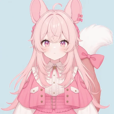 pipchilla, ahoge, animal ears, bow, long hair, looking at viewer, pink bow, pink eyes, pink hair, shirt, solo, very long hair, tail, tail bow, virtual youtuber,
masterpiece, best quality, very aesthetic, absurdres
portrait, straight-on,
<lora:PIPCHILLA-XL-t1:0.6>