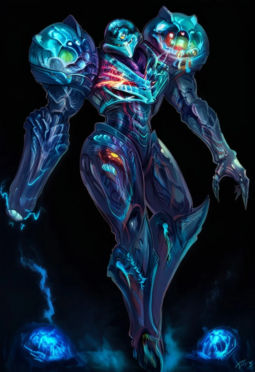 masterpiece, newest, best quality, amazing quality, (cartoon style), looking at viewer, side by side, d4rks4musreal and dark samus, ass-to-ass, huge ass BREAK d4rks4musreal, 1girl solo, weapon, monster, glowing, alien, skull, no humans, power suit (metroid), claws BREAK claws (dark samus, DarkSamusXL, phazon suit)